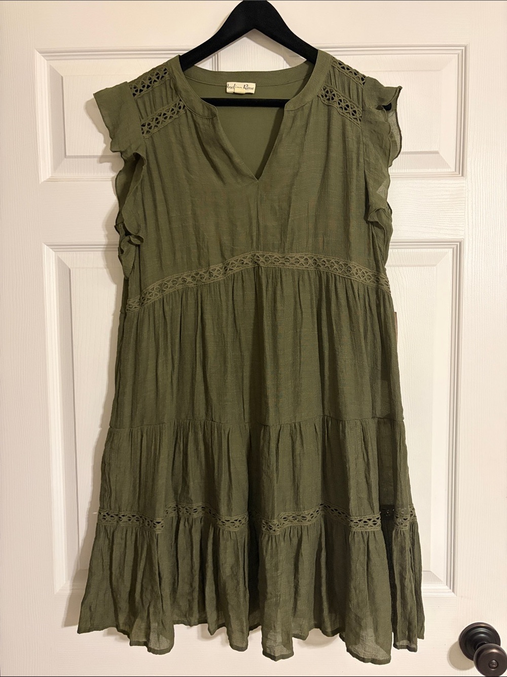 NWT Indigo Rose Olive Green Crochet Lace Flutter Sleeve Dress - Large Petite
